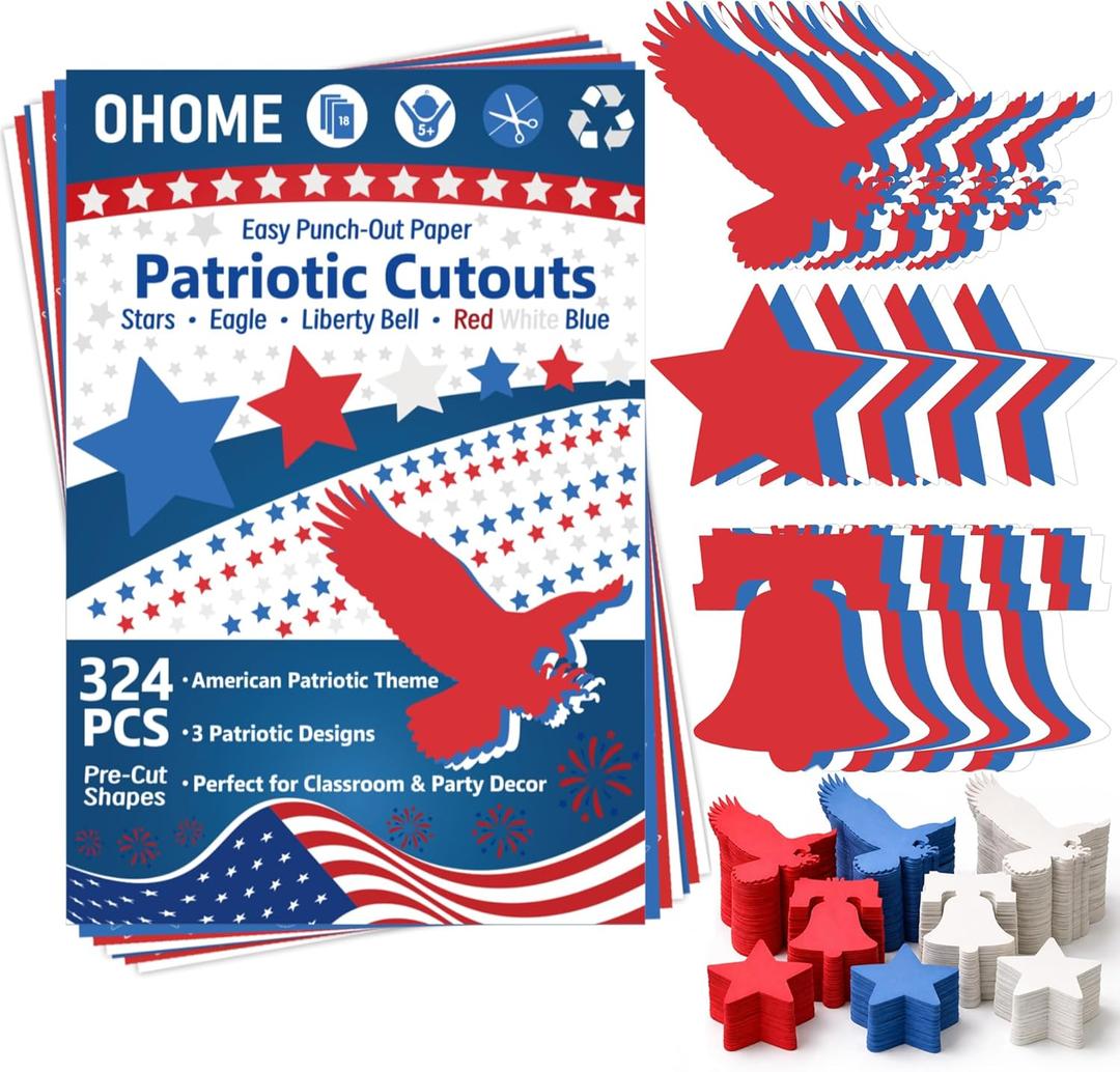 2 x 4th of July Decorations - 324 PCS Red White Blue Paper Star Eagle Liberty Bell Shape Cutouts Pre-Cut Set - Fourth of July Accessories, Patriotic Party Supplies Decor,250th Anniversary USA Merchandise
