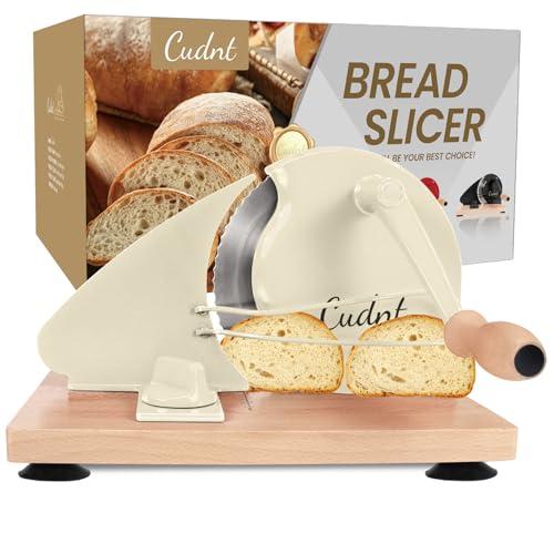 Manual Bread Slicer for Homemade Sourdough Bread, Add Metal Rails, Hand Crank Bread Slicer Machine with Scale Line and Suction Cup, Stainless Steel Blade Bread Cutter Adjustable Thickness (Cream)