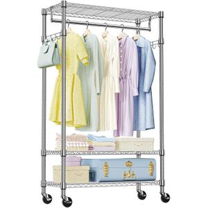 IZEUK Heavy Duty Rolling Garment Rack with 3 Adjustable Wire Shelves, Hanging Rod & Side Hooks - Mobile Clothes Rack with Wheels, 29.5" W x 15.7" D x 75" H,Chrome