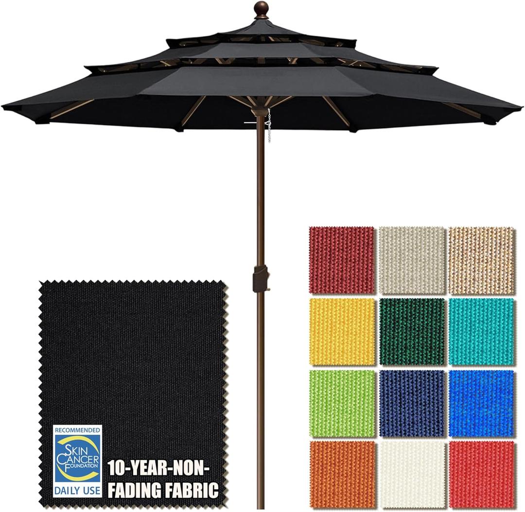 EliteShade USA 10-Year-Non-Fading 11ft 3-Tier Market Patio Umbrella, Commercial Grade Outdoor Table Umbrella with Crank Open, Windproof & UPF 50+ UV Protection, Heavy Duty Ventilation for Garden, Deck, Pool, Backyard, Beach & Bistro, No Tilt, Black