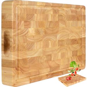 Wooden Butcher Block End Grain Cutting Board - 17x13x1.5 In Reversible Multipurpose Chopping Board with Juice Groove, Cracker Holder & Inner Handles