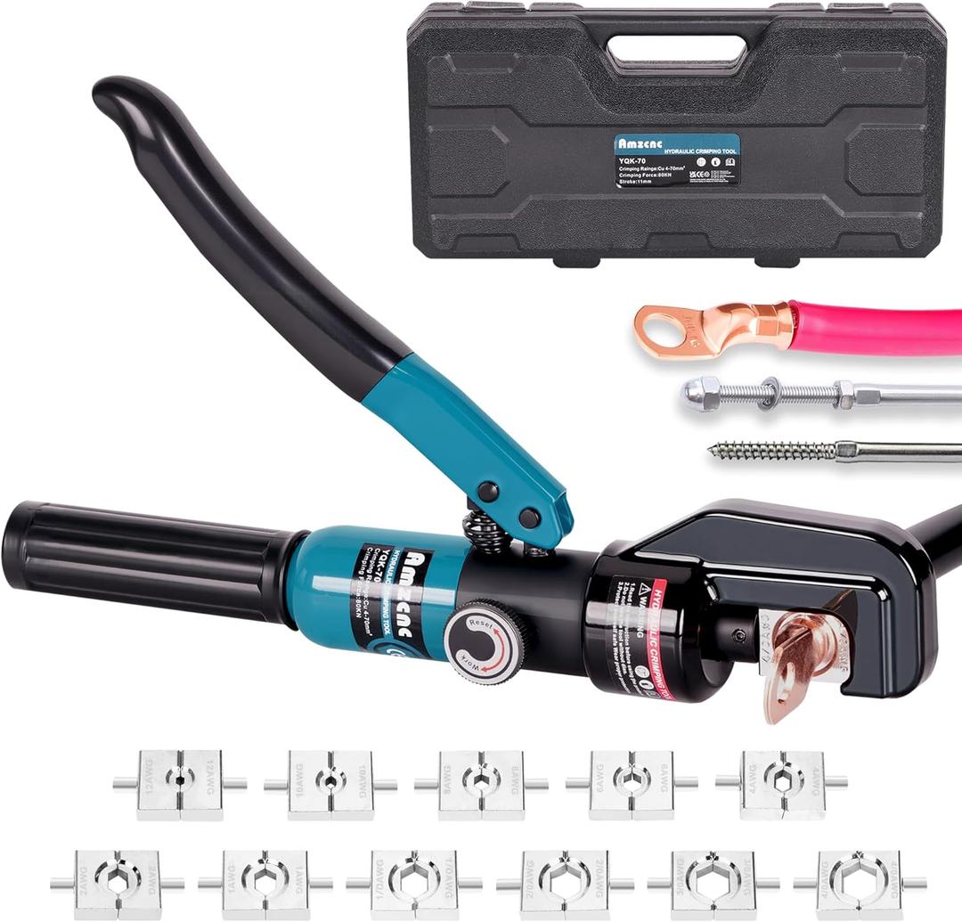 AMZCNC 10 Ton Hydraulic Crimping Tool with 11 Standard American Dies, Crimps 12AWG to 4/0 AWG, Copper and Aluminum Cable Crimping Tool, 2/0 AWG Wire Rope Crimping Tools, 4/0 AWG Battery Cable Crimper