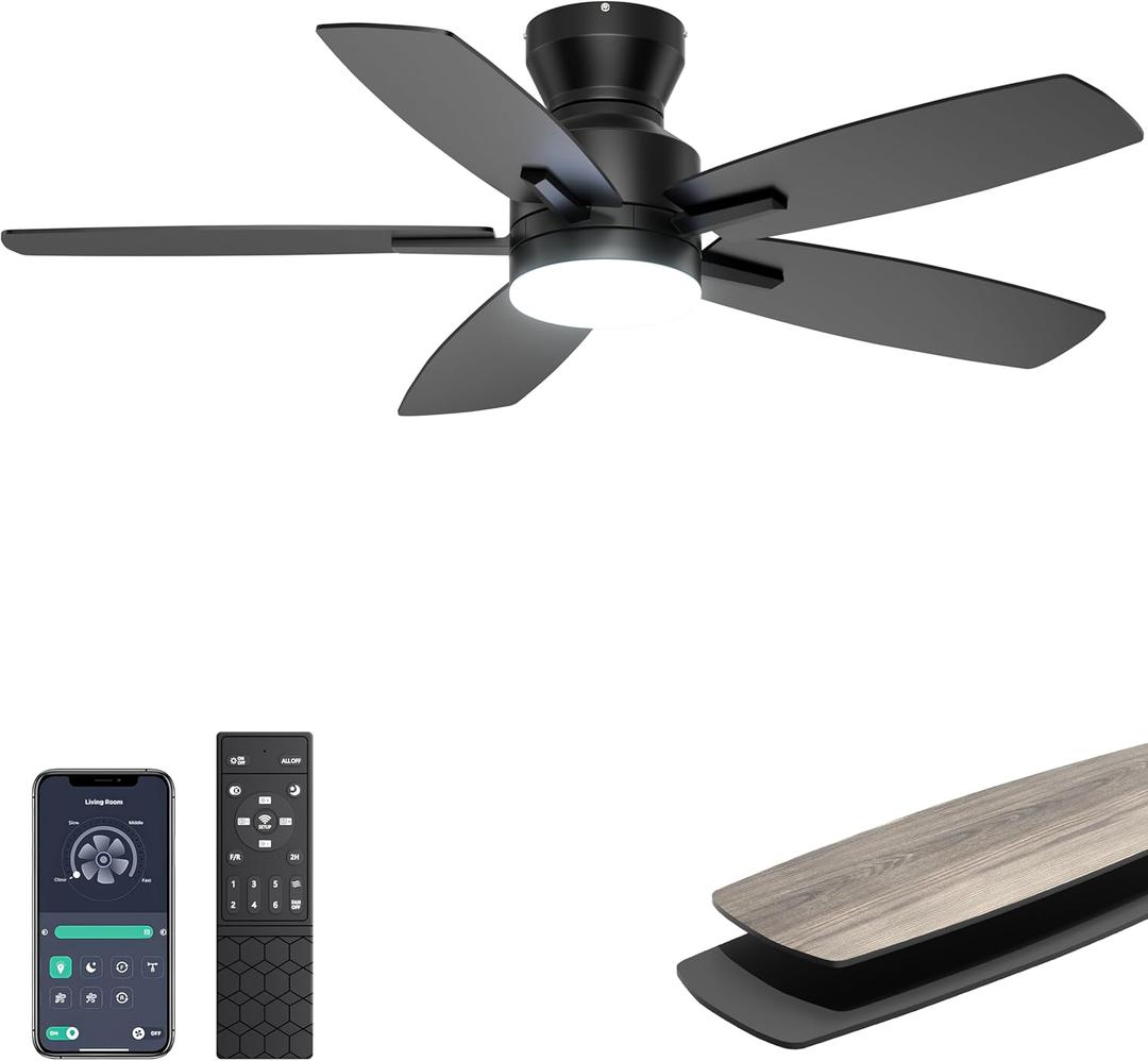 Ohniyou Ceiling Fans with Lights, 42'' Low Profile Ceiling Fan with Light and Remote/ APP Control, Modern Flush Mount Ceiling Fan for Indoor Bedroom Kitchen, Dimmable, Qiuet DC Motor, Black