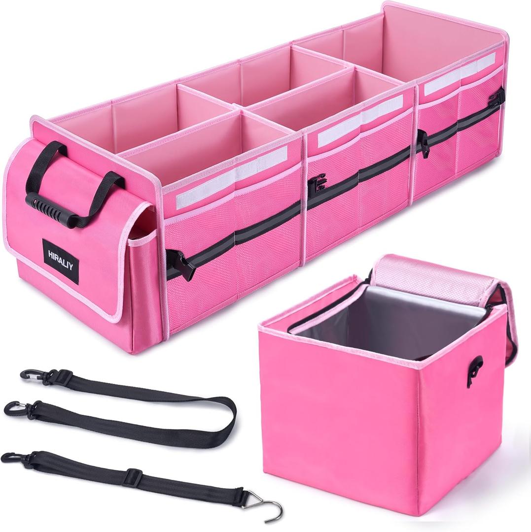 HIRALIY 4 in 1 Car Trunk Storage Organizer with Leakproof Cooler Bag, Multi-Compartment Foldable Trunk Storage Box for Car Truck SUV (Pink)