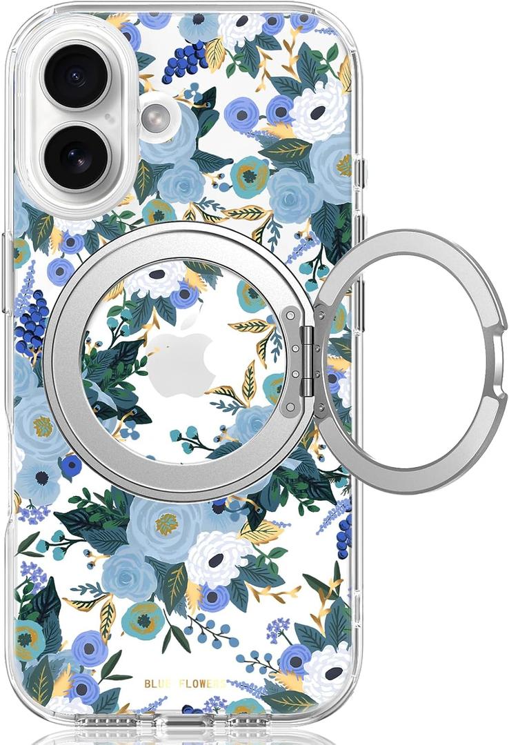 for iPhone 16 Case with MagSafe Stand Ring for Women, Cute Clear Floral Design with 360 Kickstand Holder Magnetic Shock Proof Heavy-Duty Protection Blue Flower