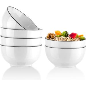 YOLIFE 26 Ounce Cereal Bowls, Ceramic Soup Bowls Set of 6, 6 inch White Salad Bowl for Breakfast, Oatmeal, Rice, Pasta, Dishwasher Microwave Oven Safe(Black Trim)