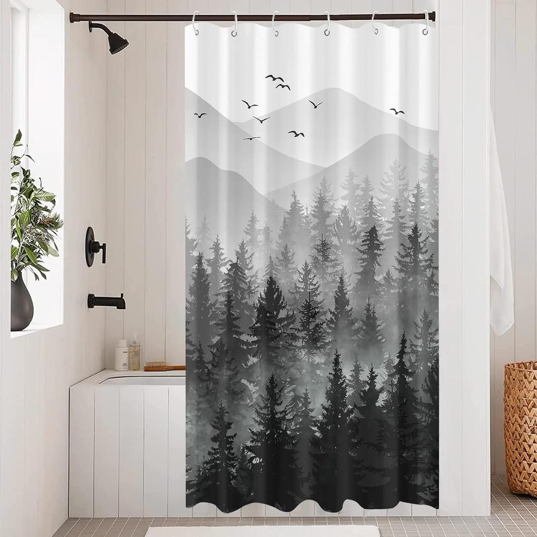 Stall Small Black and White Misty Forest Shower Curtain Ombre Gray Grey Mountain Pine Tree Waterproof Fabric Shower Curtains for Bathroom Nature Woodland Decorative Bath Curtain Decor 36x72 Inches