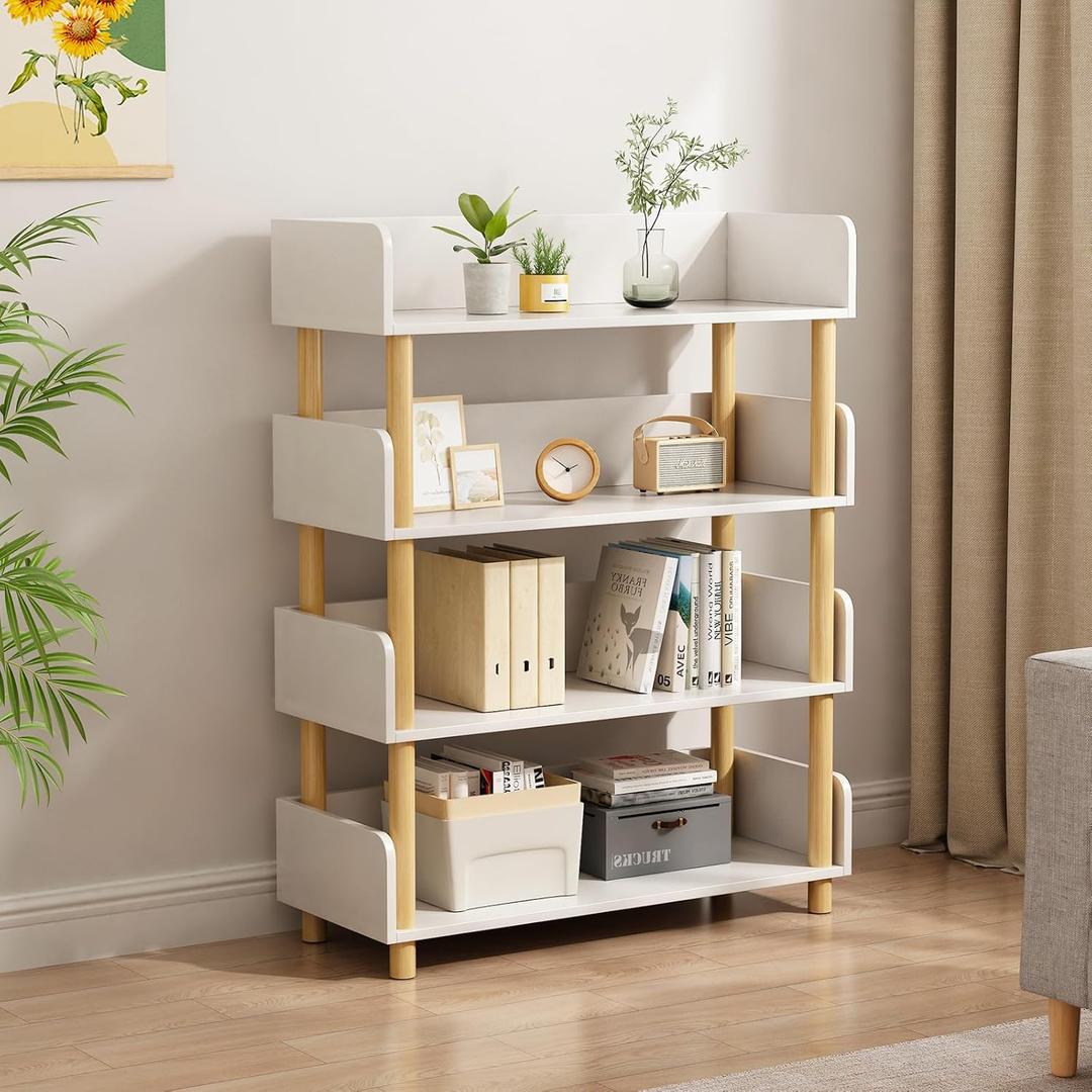 4-Tier Wooden Bookcase,White Bookshelf,Modern Open Bookshelf,Wood Storage Shelves Display Stand with Top Edge and Solid Wood Frame for Living Room,Bedroom,Home Office