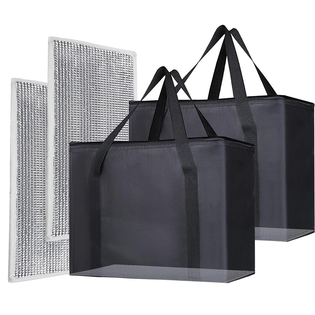 2PK Insulated Grocery Bags Reusable Heavy Duty - Cooler Tote with Reinforced Base for Stability & No Sag - XL Thermal Bag for Hot Cold Food, Delivery, Shopping, Travel, Camping, Grocery Essentials (X-Large with Hard Bottom, Black)