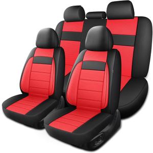 Leather Seat Covers, Breathable and Comfortable 3D Foam Back Support Car Seat Covers, Airbag Compatible,Automotive Seat Cover Protector Waterproof, Universal Fit for Cars,SUVs,Trucks (N5) (Full Set, N5 Black+Red)