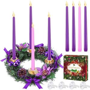 MCEAST 11.8 Inch Christmas Advent Wreath with 4 Flameless Taper Candles Purple Ribbon Candle Holder Christmas Centerpiece Decorations for X-mas Advent Holiday Party Decor