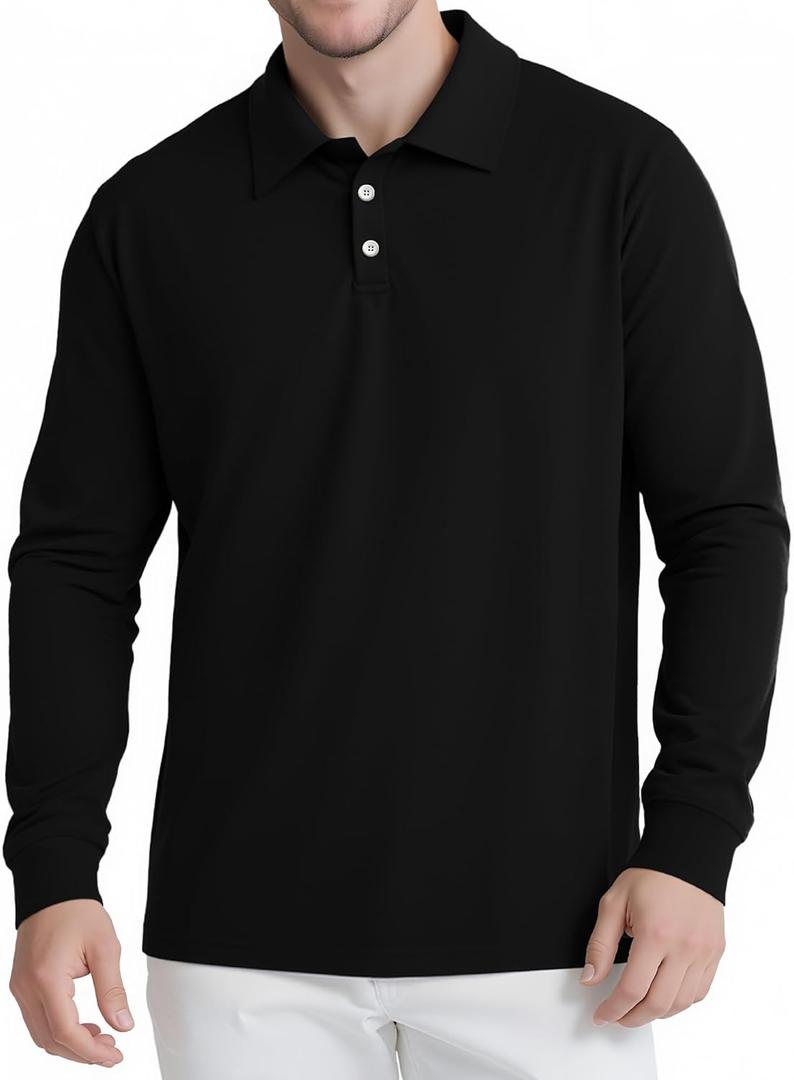 Men's Long Sleeve Polo Shirts for Men, Casual & Work Golf Polo Shirts with Split Hem,Stylish Collared Shirt (Black, L)