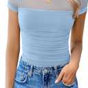 Avidlove Women's Short Sleeve Bodysuit Turtle Neck Body Suits Mesh One Piece Leotard Going Out Tops Date Outfits (Large, Light Blue)