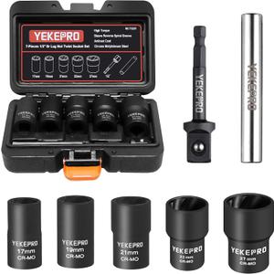7PCS Lug Nut Removal Tool, 1/2" Drive Impact Twist Lug Nut Removal Socket Set, Wheel Lock Removal Kit, Stripped For Damaged, Frozen, Studs, Rusted, Nuts & Screws, Cr-Mo Steel