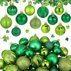 Lunmon 64 Pcs St. Patrick's Day Ball Ornaments Glitter Matt Lime Green Assorted Plastic Irish St. Patrick's Day Decoration for Xmas Tree & Party Supplies