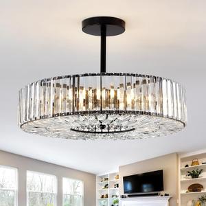 Piepooye 8 Lights Modern Large Crystal Chandelier Black Round Semi Flush Mount Ceiling Light Fixture Farmhouse Chandelier for Dinning Room Living Room Bedroom Hallway Entryway Kitchen, 21.65 inches