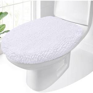 OLANLY Soft Chenille Bathroom Toilet Lid Cover, Machine Washable Seat Covers, 17.5x15, Stays in Place Rubber Backing, Fits Most Round, Elongated and Oblong Lids, Accessories Decor, White