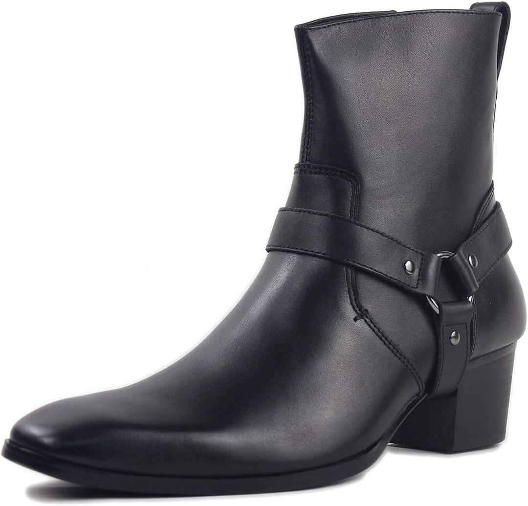OSSTONE Dress Boot For Men Leather Chukka Designer Boots Casual Heel Shoes Zipper-up OZ-JY002-black-belt- US 11.5
