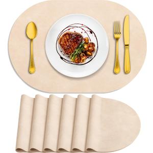 ADRIMER Placemats, Heat Resistant Oval Placemats Set of 6 Washable 12 x 17 Inch, Waterproof Table Mats, Wipeable Pu Place Mats for Kitchen, Dining Room, Beige