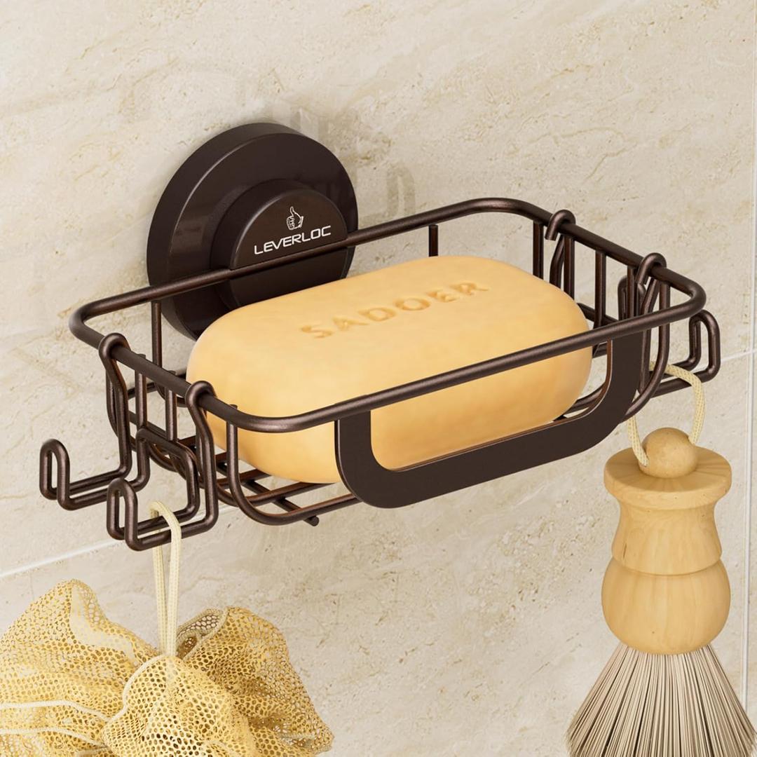 LEVERLOC Soap Holder Dish with Hooks for Shower, Bar Suction Cup Soap Tray Wall Mounted, Rustproof Stainless Steel Sponge Holder Caddy for Bathroom Bathtub Kitchen Sink, Brown (1 Tire)