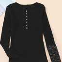 Miselon Womens Long Sleeve Henley Shirts V Neck Lace Button Tops Ribbed Knit Casual Slim Fit Blouse (Black)