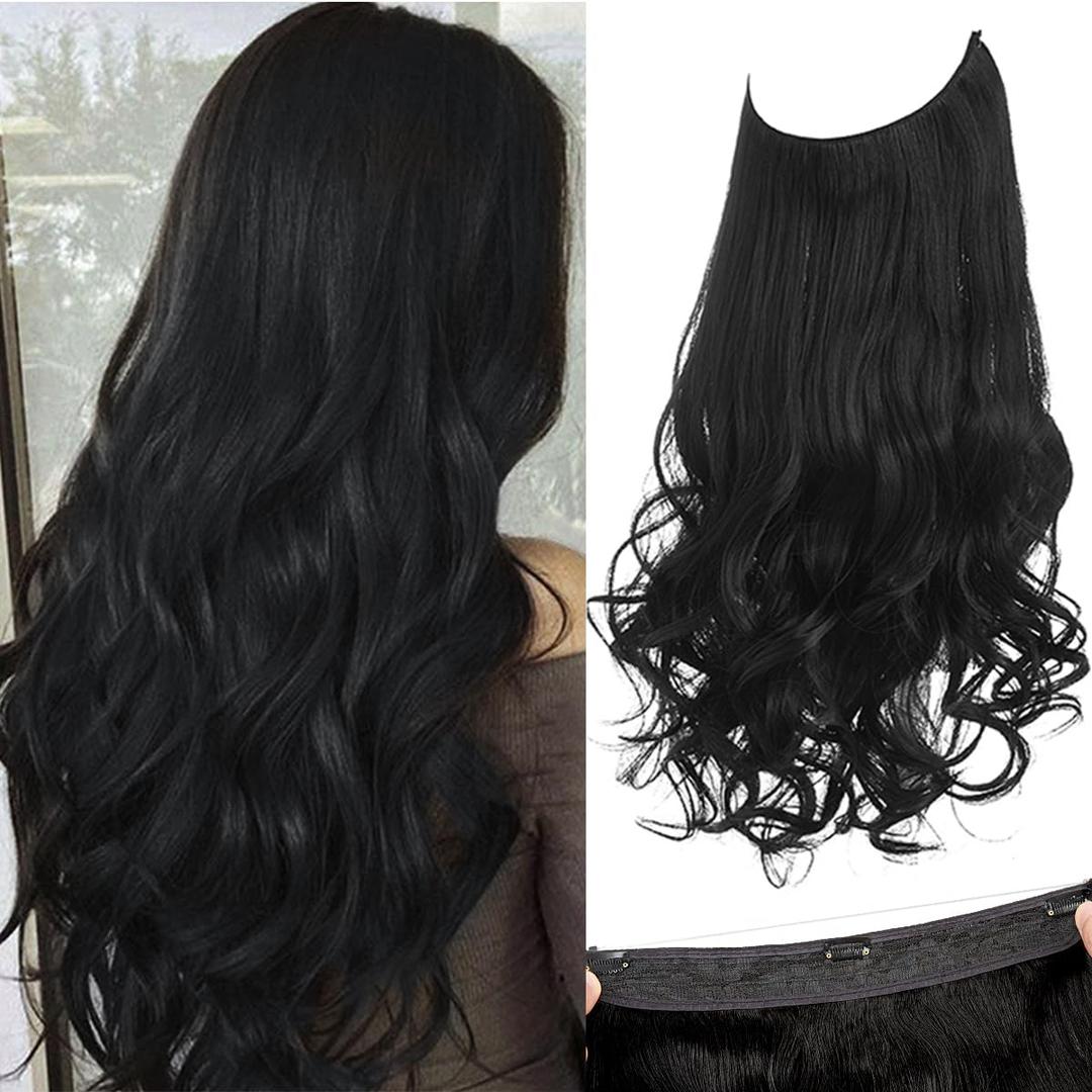 SARLA Invisible Wire Hair Extensions with 3 Clips Long Synthetic Wavy Curly Hairpiece Adjustable Transparent Headband for Women 18 Inch Jet Black