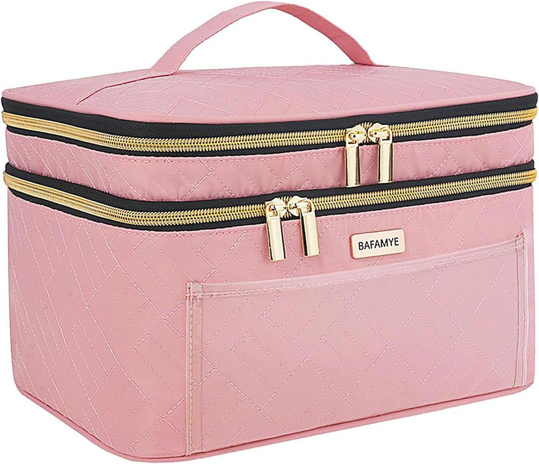 Double Layer Travel Makeup Bag for Women, Large Cosmetic Case Organizer with Makeup Brush Compartment, Portable Train Case Make Up Bag for Travel-Size (Pink)