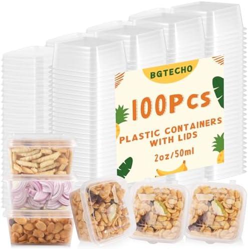 100 Pack Square Sauce Cup with Hinged Lids, 2 oz Plastic Souffle Cups, Disposable Clear Leak Proof Portion Cups for Various Sauces Food Samples Condiment Storage Crafts (2oz)