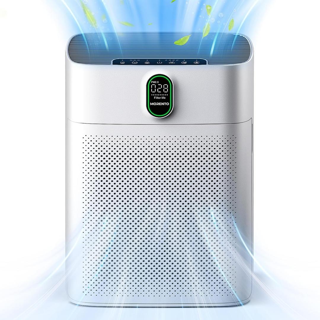 MORENTO Air Purifiers for Home Large Room up to 1076 Sq Ft with PM 2.5 Display Air Quality Sensor for Pet Hair, Double-Sided Air Inlet, 24db, White, 1 Pack + 2 Pack Filters (White)