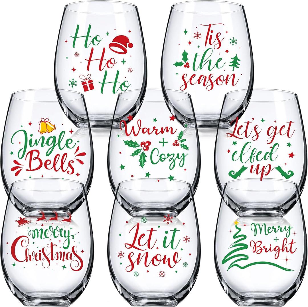 Umigy 8 Pcs Christmas Wine Glasses Xmas Stemless Wine Glass Christmas 15 oz Snowflake Winter Let It Snow Leaf Berry Glasses for Party Friend Family Holiday Birthday Decoration(Words) (Red Green)