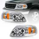 LED Headlights Compatible with 1997-2004 Ford F150 / 1997-1999 F250 / 1997-2002 Expedition Replacements Headlamp Amber Reflector Chrome Housing