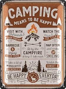 LANOLU Camping Sign, 12x16 inches, Rustic Tin Wall Mount, Funny Camping Rules Decor for RV, Camper, or Home