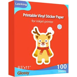 Lzerking Glossy Printable Vinyl Sticker Paper for Printer - 100 Sheets White Self-Adhesive, Quick-Drying Waterproof, for Inkjet & Laser Printers, Compatible with Cricut for Small Business, 8.5x11in