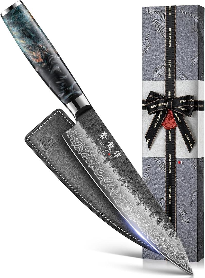 Japanese Chef Knife, 8 Inch Damascus Kitchen Knife with VG10 Steel Core, Professional Black Forged Kitchen Knives with Ergonomic Handle, Leather Sheath & Luxury Gift Box, Valentine Gifts for Men Women