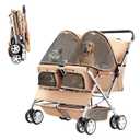Double Pet Stroller, Foldable Stroller for 2 Dogs & Cats, Two-Seater Carrier Twin Dog Walk Jogger Travel Pet Carriage Cart with Storage, Beige