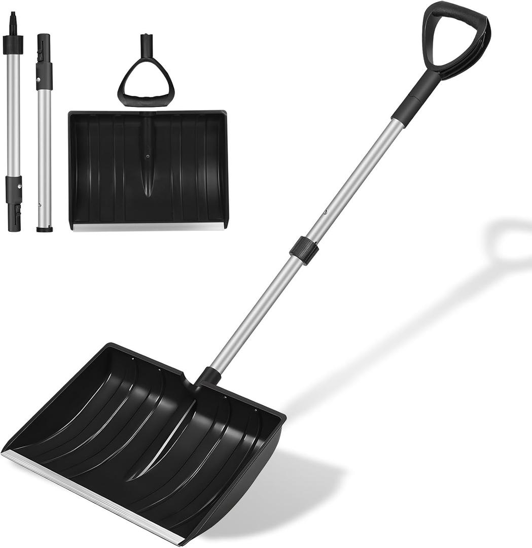 Ergonomic Large Snow Shovel for Driveway: 48-Inch Dual-Lock Knob Anti-Wobble Handle, 16" Plastic Blade w/Metal Edge, Ultra-Light 1.9 lb, Portable Aluminum Shaft, Car, Camping & Emergency, Black