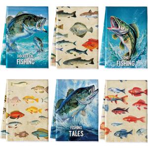 Mixweer 6 Pcs Summer Beach Kitchen Towels Nautical Coastal Hand Towel Fishing Ocean Animal Dish Cloths 16 x 24 Inch Sea Turtle Absorbent Tea Dishcloth for Home Bathroom Kitchen Decor(Colorful,Fishing)