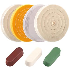 7PCS 6 Inch Polishing Wheels Kit for Bench Grinder, 5/8" Arbor Hole White Cotton Polish Wheels(50Ply), Yellow Cotton Wheel(42Ply), Soft Flannel Buffing Wheel(30Ply)& 3 Polishing Compound Set