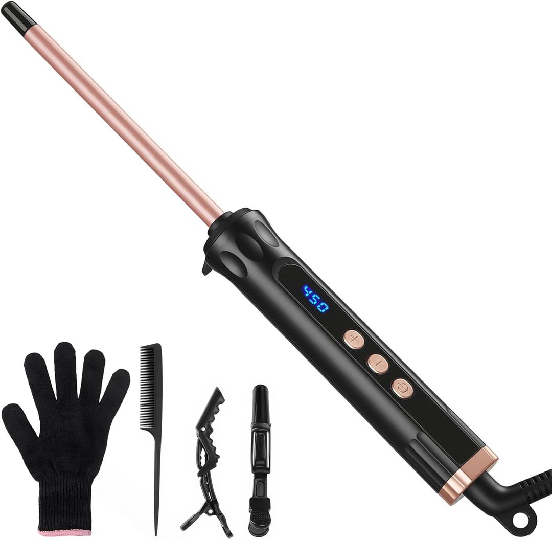 3/8 Inch Curling Iron Wand for Long Short Hair, Small Ceramic Barrel Hair Curler with Adjustable Temperature, 9mm Mini Curling Irons for Springy Spiral Tight Curls, Dual Voltage