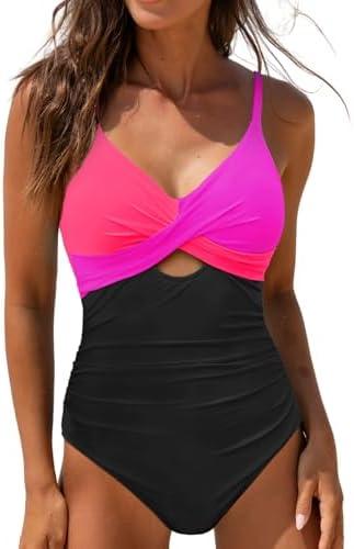 popvil One Piece Swimsuit Women 2025 Tummy Control High Waisted Bathing Suit V Neck Swimwear Cut Out Tie Back Swim Suits Size L