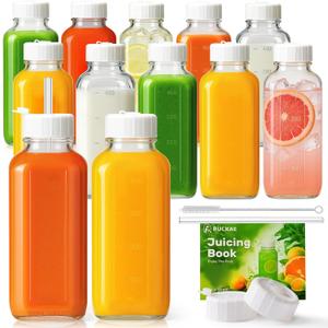 Ruckae 16oz 12 Pack Glass Juice Bottles with Lids - Reusable Square Glass Juice Bottles with Leak-Proof Lid & Capacity Marks for Containers Juicing,Milk,Smoothies