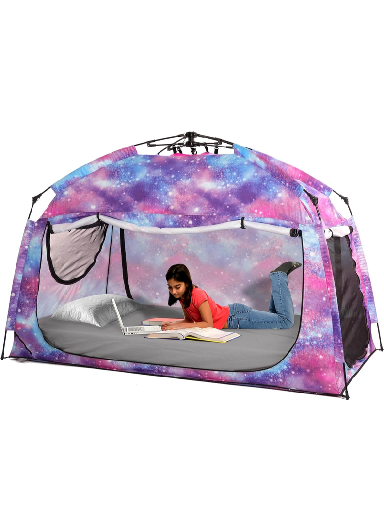 Indoor Instant Privacy Bed Tent for Sleeping, Quick Set-up Bed Canopies, Portable Bed Drapes with Large Space and 3 Doors (Galaxy, Twin)