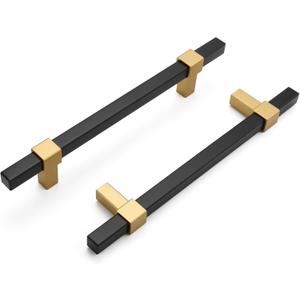 Haliwu 10 Pack Black and Gold Cabinet Handles, 5 inch Brass Dresser Drawer Pulls, Kitchen Hardware (5 inch (128mm) hole centers spacing)