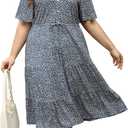 Keluummi Plus Size Summer Midi Dresses for Curvy Women, Casual Boho Floral V Neck Dress with Pockets (Blue)