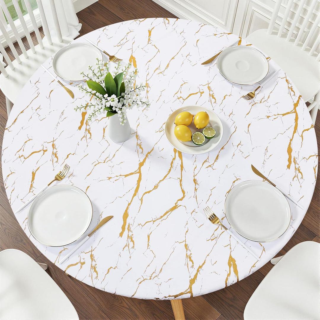 Smiry Round Picnic Tablecloth, Waterproof Elastic Fitted Table Covers for 45" - 56" Tables, Wipeable Flannel Backed Vinyl Tablecloths for Camping, Indoor, Outdoor, White & Gold, For Up to 45"-56" Round