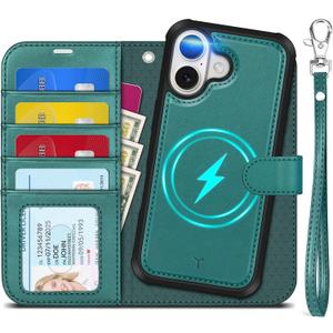 TUCCH 2-in-1 Removable Case Wallet for iPhone 17 (6.3") 2025, Detachable Wrist Strap, 4 Card Holders RFID Blocking, Wireless Charging, Stand, Magnetic, PU Leather Shockproof Folio Cover, Bluish Green