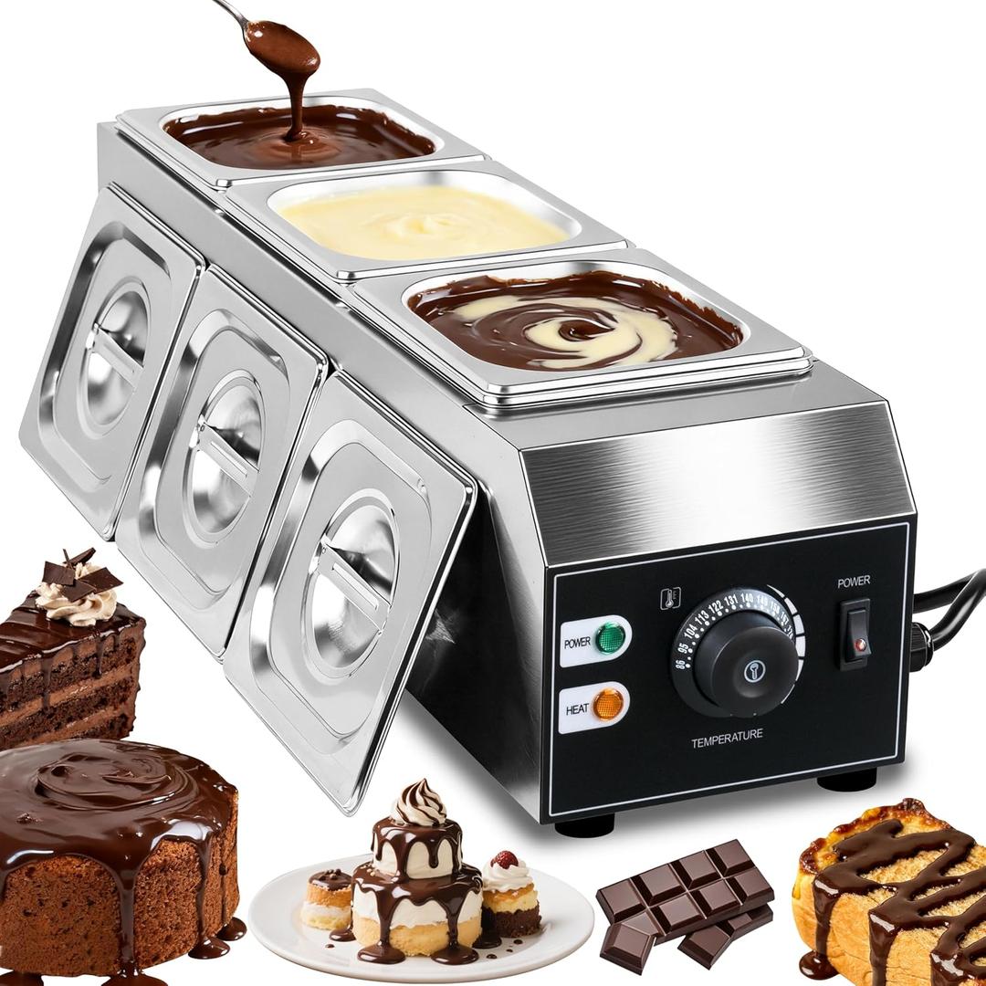 Chocolate Tempering Machine, 3 Tanks Chocolate Melting Pot, 1200W Stainless Steel Commercial Electric Chocolate Melter Fondue Pot for Chocolate, Butter, Cheese, Cream, Candy, Milk, Coffee, Desserts