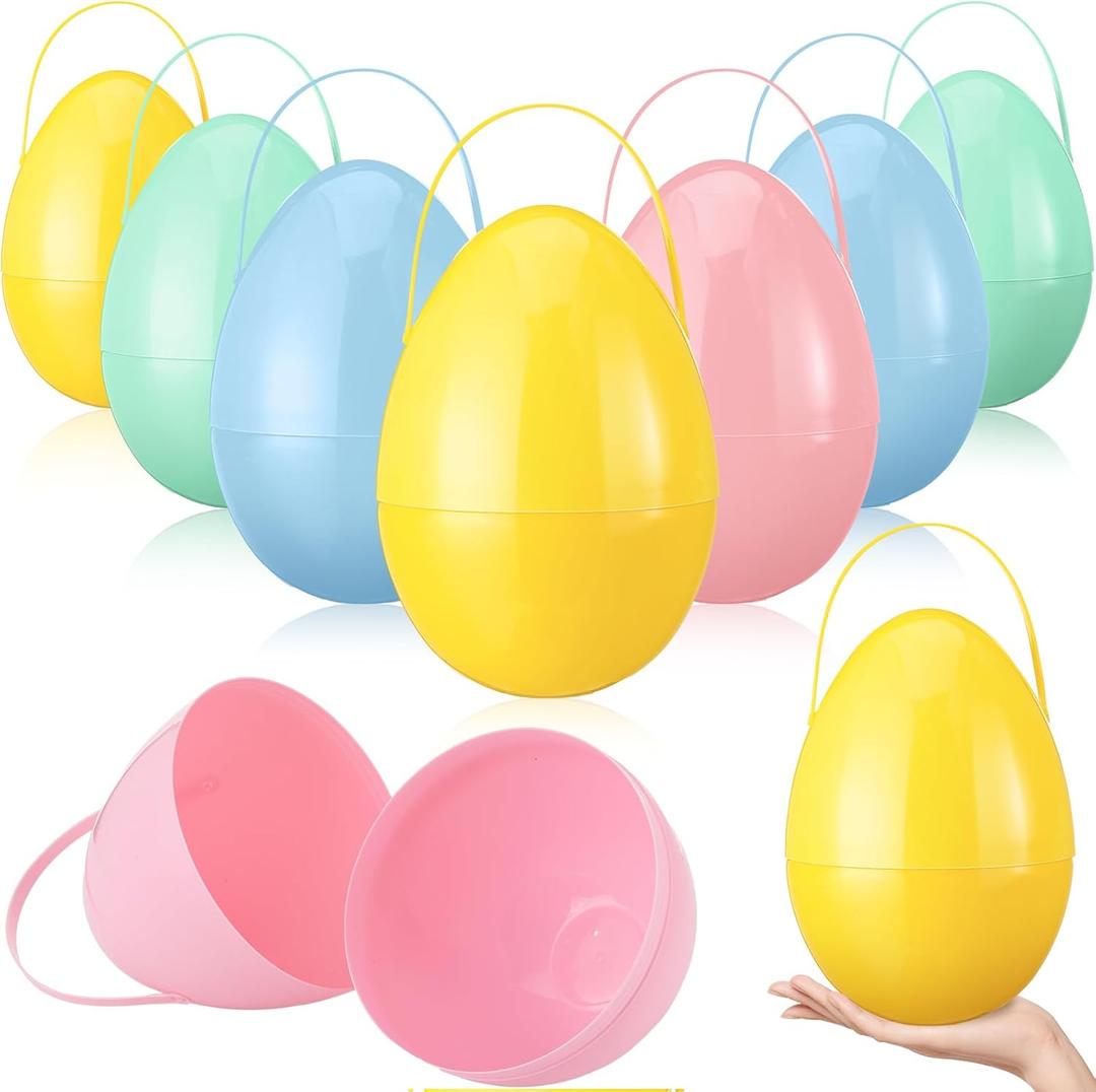 Funtery 8 Pcs Jumbo Easter Eggs 10 Inch Plastic Giant Easter Eggs with Handles, Clear Large Baskets Fillable Big Bunny Egg Shaped Baskets Containers Decoration (Muted Colors)
