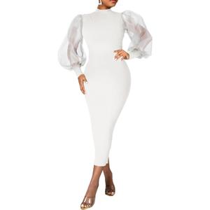 Ekaliy Women's See Through Bodycon Dress Sheer Mesh Long Puff Lantern Sleeve Dress Sexy Club Party Midi Dress Clubwear (3X-Large, White)