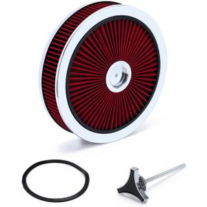 High Flow Replacement 43661 Air Cleaner filter Compatible with Chevrolet GMC Ford 14"x3" - Flow-Thru Lid Washable and Reusable Round Air Filter Element Kit - With Star Wing Nut (Red)